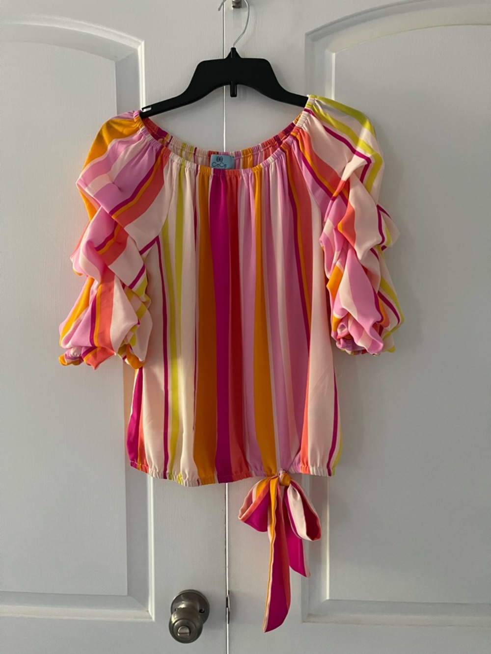 CeCe Pink, Yellow and Orange Striped Off-Shoulder Tie-Hem Blouse